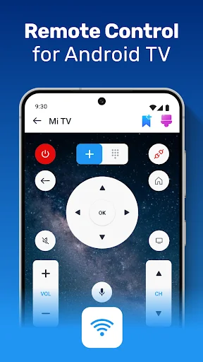 Remote Control app main interface featuring power button, navigation pad, volume controls, and WiFi connectivity icon