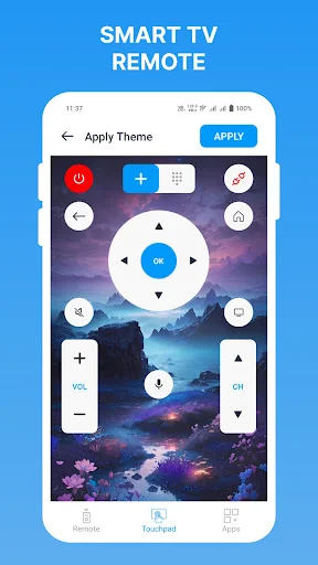 Customized remote theme applied with scenic forest background and blue-highlighted OK navigation button