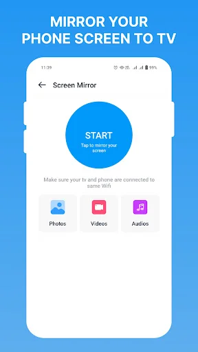 Screen Mirror feature with START button and content categories for Photos, Videos, and Audios casting