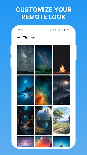 Theme gallery displaying multiple scenic background options like galaxies, forests, fires, and landscapes