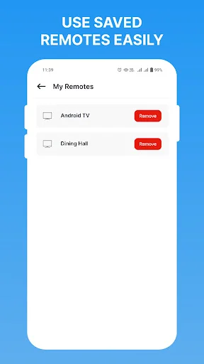 Saved remotes list in My Remotes showing connected devices with quick removal options for device management