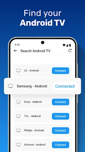 Android TV device discovery screen showing list of available TV brands with Connect buttons to establish connections