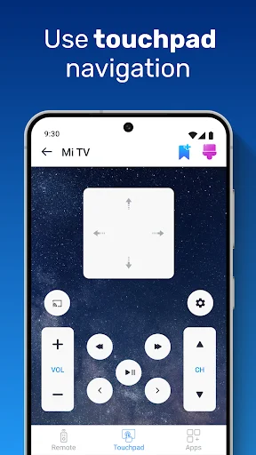 Touchpad navigation mode displaying directional controls and large touch-sensitive area for cursor movement