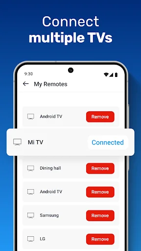 My Remotes management screen listing multiple connected TV devices with options to remove or disconnect