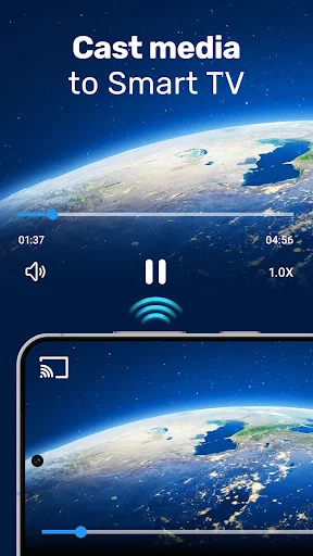 Media casting interface with playback controls, timeline, volume adjustment, and WiFi streaming indicator