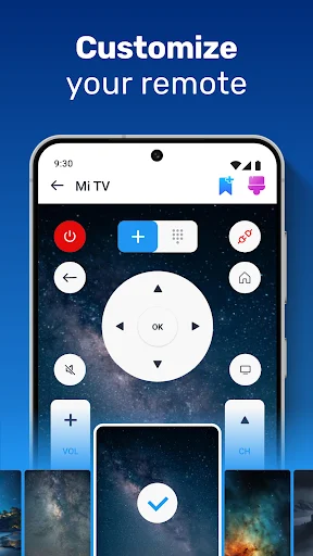 Remote control customization interface showing theme preview with scenic background image background