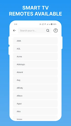 Searchable list of smart TV brand remotes including AMA, ACL, Acme, and other manufacturer options