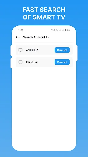 Fast search results showing available Android TV devices ready to connect with one-tap connection buttons