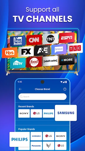 Brand and channel selection interface for universal remote app supporting Sony, LG, Samsung, Philips TV models