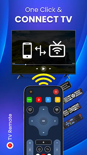 Quick connect feature to wirelessly control TV from smartphone using one-click connection and remote control interface