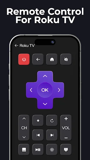 Roku TV remote control interface with purple directional pad, power button, and volume controls on smartphone