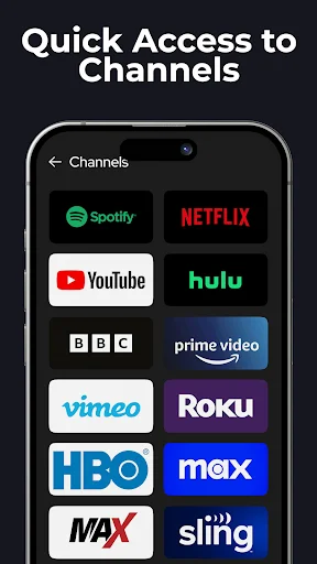 Quick access streaming channels Netflix, YouTube, Hulu, Prime Video, Spotify, HBO, Max menu on TV remote control app