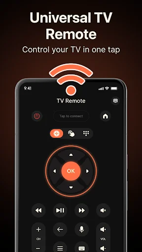 Universal TV Remote interface with power, directional, and media controls for one-tap smartphone TV control