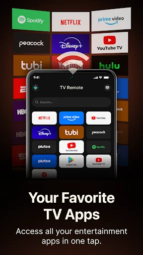 Favorite TV Apps panel providing quick access to Netflix, Disney+, YouTube, Spotify and other streaming services