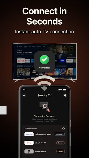 Automatic TV device discovery and connection interface for quick wireless Smart TV pairing in seconds