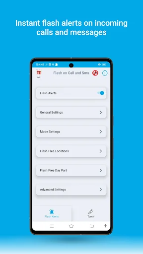 Flash Alerts app main menu with enabled toggle and General Settings, Mode Settings, Locations, and Time options