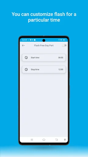Flash Free Day Part settings showing Start Time 06:00 and Stop Time 12:00 for scheduled flash alert control