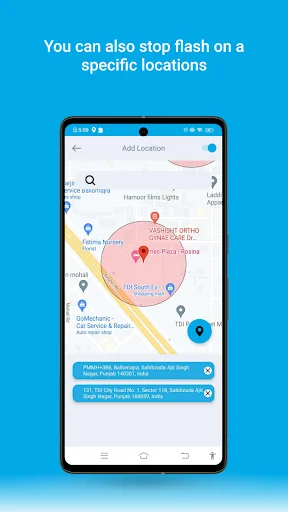 Add Location screen with map and location markers to set specific areas where flash alerts will be disabled