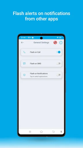 General Settings for flash notifications with Flash on Call enabled, Flash on SMS, and Notifications options