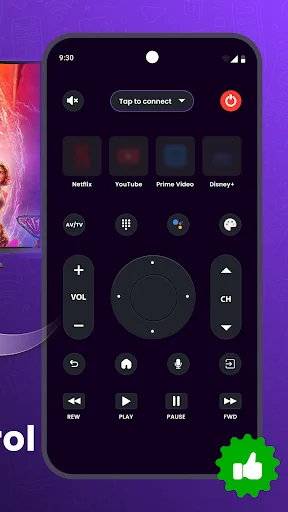 Remote control interface showing streaming apps, volume, channel controls, and navigation buttons