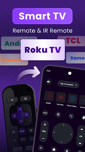Smart TV brand selection screen displaying compatible TV options including Roku, Samsung, and Android