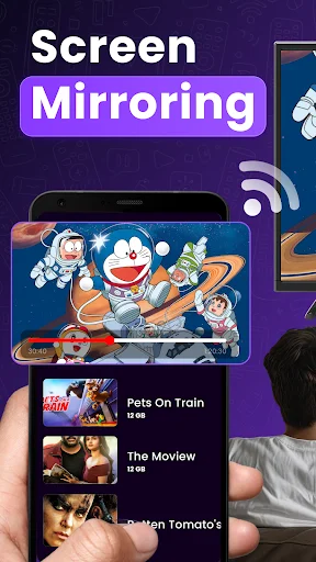 Screen mirroring feature demonstrating wireless content sharing from smartphone to TV via Wi-Fi