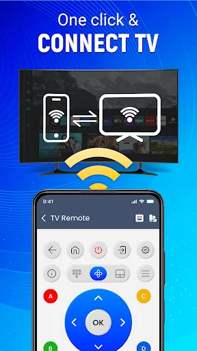 One-click TV connection interface showing phone and TV synchronized via WiFi with universal remote control