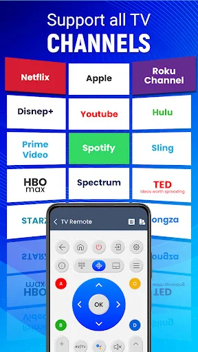 Support all TV channels screen displaying Netflix, YouTube, Disney+, Hulu compatibility with remote control