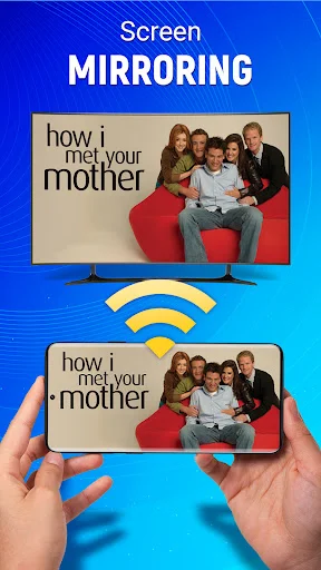 Screen mirroring feature displaying TV show content wirelessly mirrored from phone to television via WiFi