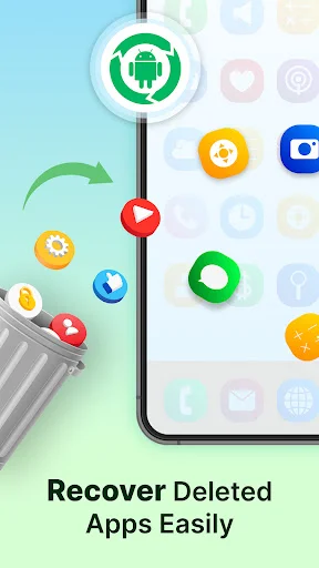 App recovery tool with trash bin illustration showing multiple app icons ready to recover and restore