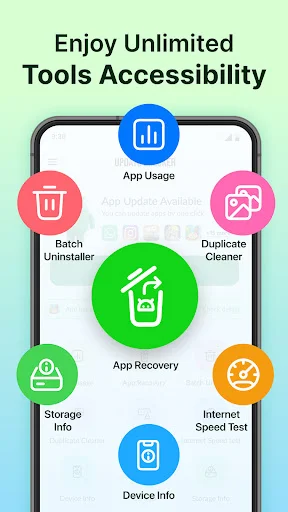 Tools accessibility dashboard with icons for app usage, batch uninstaller, duplicate cleaner, app recovery, storage, and more