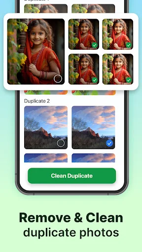 Duplicate photo cleaner showing multiple similar photo thumbnails with selection checkboxes and clean duplicate button