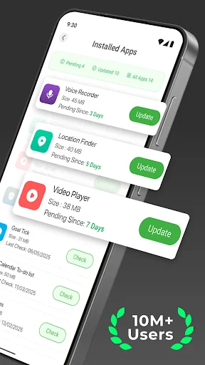 Installed apps list showing Voice Recorder, Location Finder, Video Player with green update buttons and 10M+ users badge
