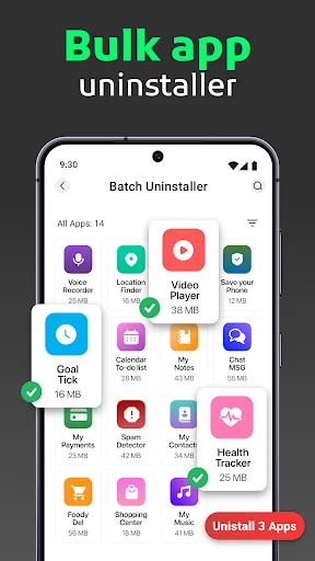 Bulk app uninstaller interface displaying batch uninstall feature with multiple selected apps and uninstall button