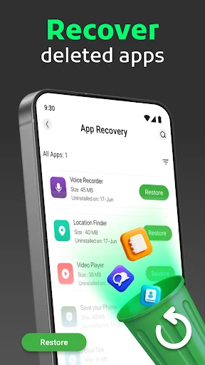 App recovery screen showing deleted apps like Voice Recorder, Location Finder, Video Player with restore buttons