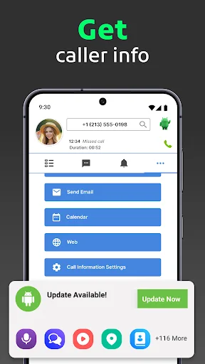 Caller info feature displaying incoming call details with options for send email, calendar, web, and call settings
