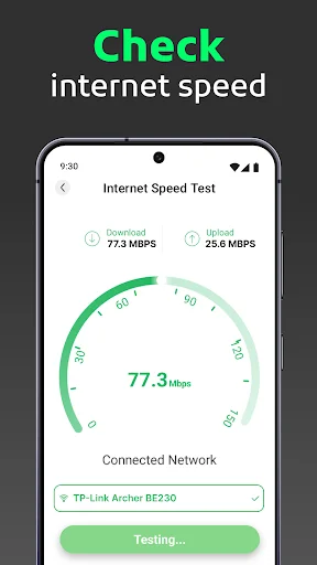 Internet speed test screen with gauge meter showing 77.3 Mbps connection speed and TP-Link network details