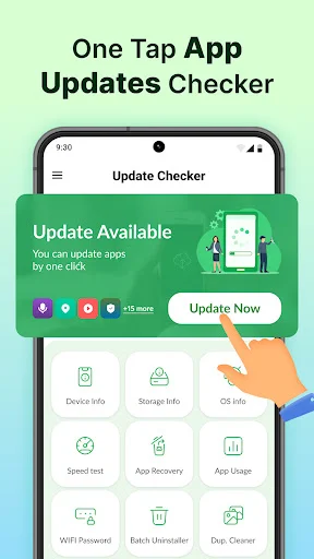 Update checker main screen with update available notification and app management tools including device info and storage