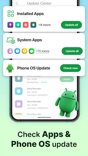 Update center showing installed apps, system apps, and phone OS update sections with individual update buttons