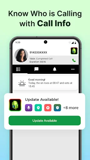 Call info interface displaying incoming caller with phone number and options to access call information settings