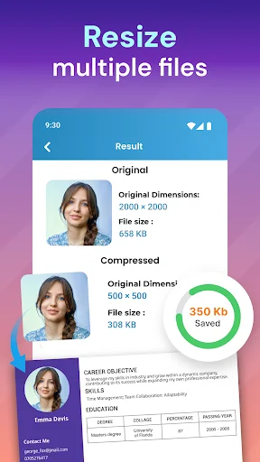 Image resize tool displaying before-after compression with 350 KB storage saved