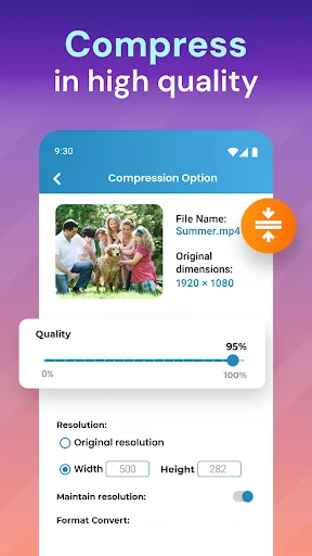 Video compression settings with quality slider, resolution controls, and format options