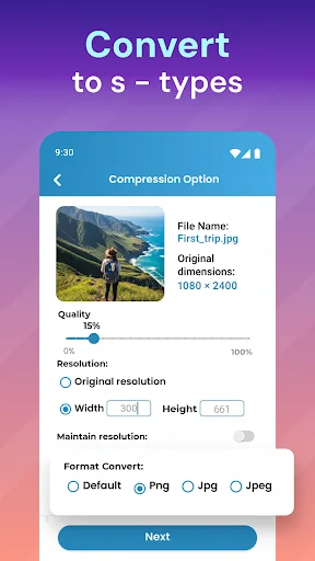 Image conversion interface with quality adjuster and format selection for JPG compression
