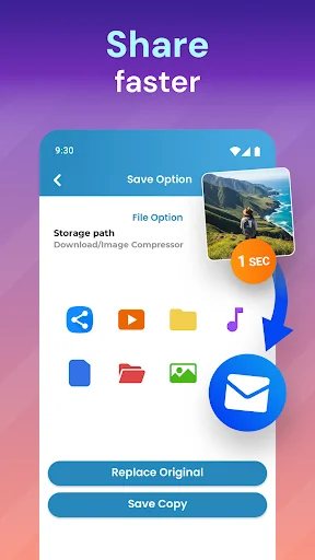 File sharing screen with email and cloud storage options after compression