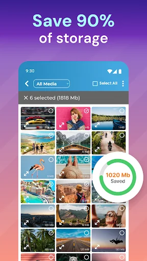 Batch media selector showing 1020 MB storage saved from multiple compressed images and videos