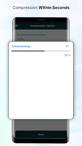 Video compression progress screen displaying compression status with progress bar at 56% and processing indicator