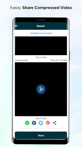 Compressed video result screen with 61 kB file size, video preview player, and social media sharing options