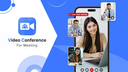 Video Conference For Meeting app interface showing multiple live meeting participants on mobile device with call controls