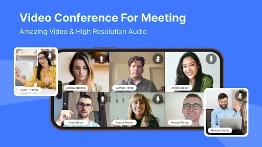 High definition video conference meeting with nine participants in grid view for clear online communication and collaboration