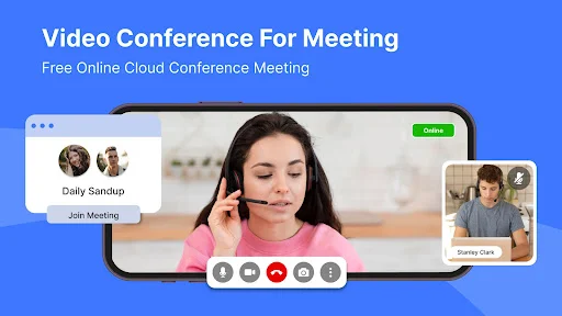 Free online cloud video conference with participant, Daily Standup info, Join Meeting button, and Online status badge